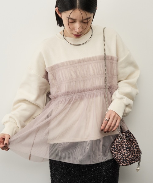 Shelly island（シェリーアイランド）の「チュールドッキングプルオーバー（スウェット・レディース・ホワイト/チャコールグレー・FREE）」の2枚目の写真