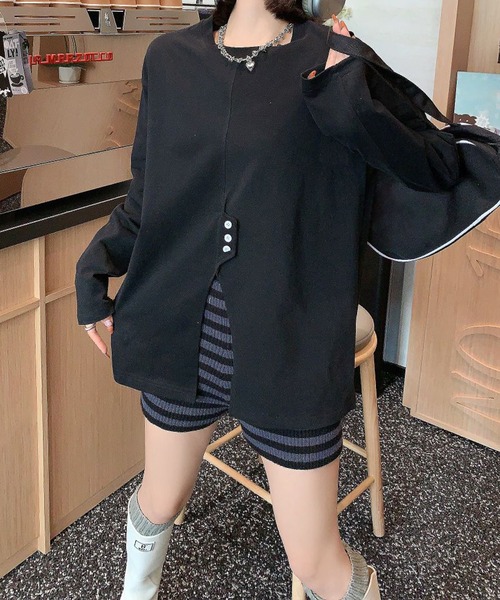 aimoha（アイモハ）の「フロントスリットデザインTシャツ（Tシャツ/カットソー・レディース・ブラック/チョコ/ライトベージュ/ホワイト・FREE）」の3枚目の写真