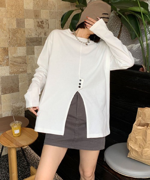 aimoha（アイモハ）の「フロントスリットデザインTシャツ（Tシャツ/カットソー・レディース・ブラック/チョコ/ライトベージュ/ホワイト・FREE）」の8枚目の写真