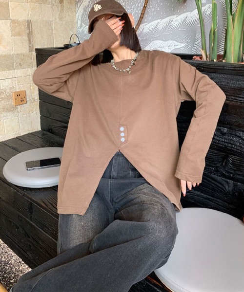 aimoha（アイモハ）の「フロントスリットデザインTシャツ（Tシャツ/カットソー・レディース・ブラック/チョコ/ライトベージュ/ホワイト・FREE）」の9枚目の写真