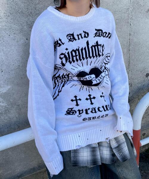 WEGO（ウィゴー）の「WEGO/ウイングハートダメージニット（ニット/セーター・レディース・ブラック/ホワイト・FREE）」の2枚目の写真