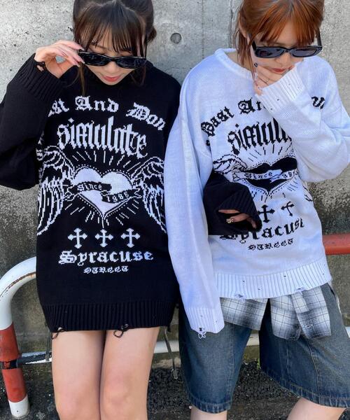 WEGO（ウィゴー）の「WEGO/ウイングハートダメージニット（ニット/セーター・レディース・ブラック/ホワイト・FREE）」の3枚目の写真