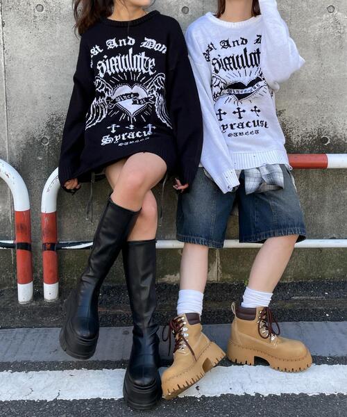 WEGO（ウィゴー）の「WEGO/ウイングハートダメージニット（ニット/セーター・レディース・ブラック/ホワイト・FREE）」の4枚目の写真