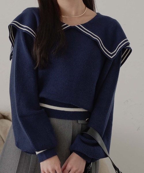 Ambre Neige(アンブルネージュ)の「bi-color sailor collar knit / 配色セーラー襟ニット(ニット/セーター・レディース・ネイビー/アイボリー/グレー・FREE)」の3枚目の写真