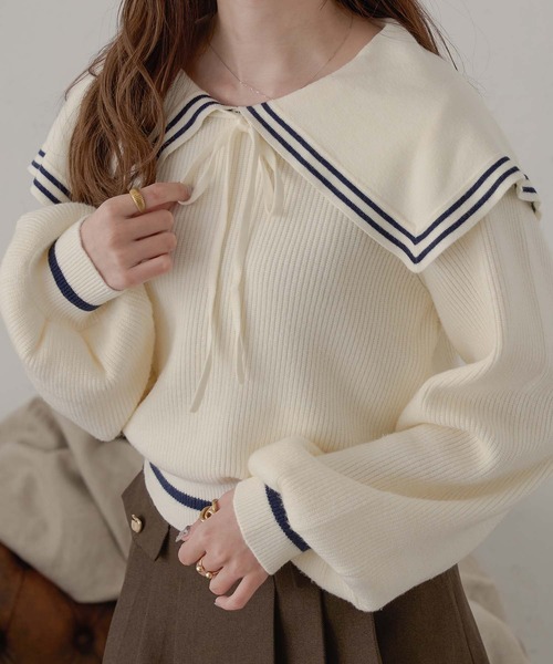 Ambre Neige(アンブルネージュ)の「bi-color sailor collar knit / 配色セーラー襟ニット(ニット/セーター・レディース・ネイビー/アイボリー/グレー・FREE)」の2枚目の写真