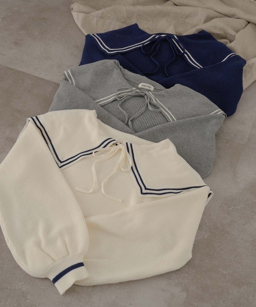 Ambre Neige(アンブルネージュ)の「bi-color sailor collar knit / 配色セーラー襟ニット(ニット/セーター・レディース・ネイビー/アイボリー/グレー・FREE)」の4枚目の写真