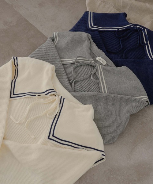 Ambre Neige(アンブルネージュ)の「bi-color sailor collar knit / 配色セーラー襟ニット(ニット/セーター・レディース・ネイビー/アイボリー/グレー・FREE)」の6枚目の写真