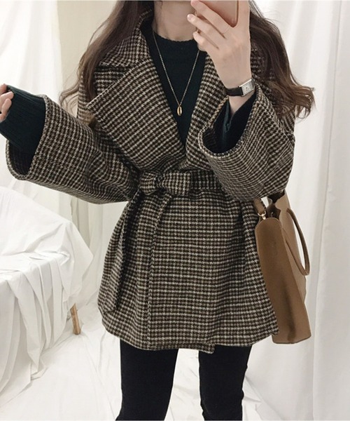 ウエストリボンチェック柄ショートコート（チェスターコート）｜AMAJI（アマジ） 5,953円