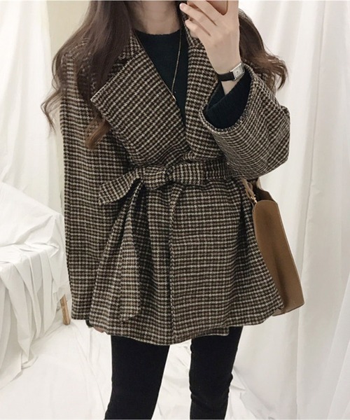 ウエストリボンチェック柄ショートコート（チェスターコート