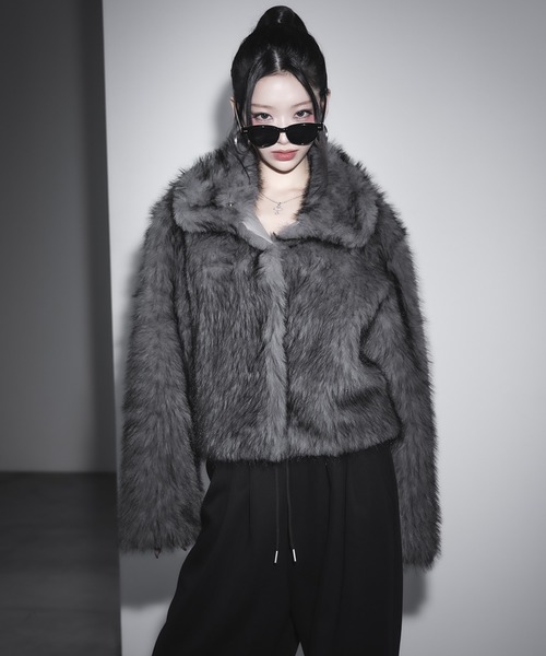 【新品】me+em select スタンドカラーミックスファーショートコート スタンドカラーミックスファーショートコート ／ stand-collar mix fur