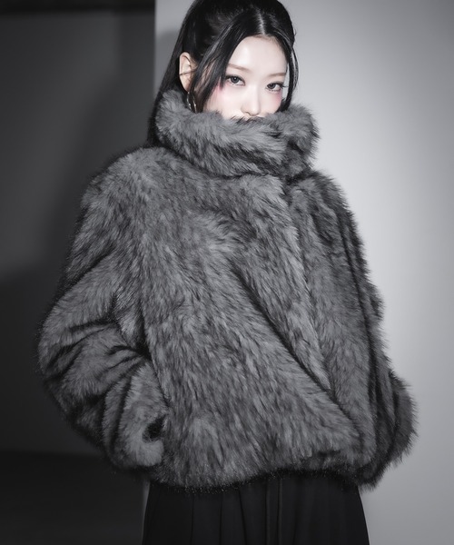 2WAY 】スタンドカラーミックスファーショートコート ／ stand-collar