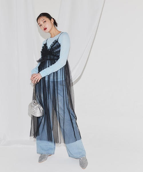 ECLAM(クラム)の「チュールキャミワンピース(ワンピース・レディース・グレイッシュベージュ/ブラック・M)」の18枚目の写真
