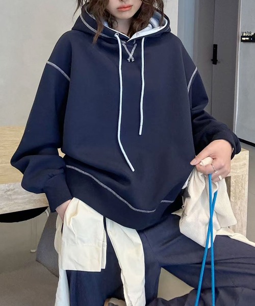 aimoha（アイモハ）の「ドローストリングデザインフーディ（パーカー・レディース・パープル/ネイビー/グリーン/グレー/イエロー/オフホワイト・FREE）」の5枚目の写真