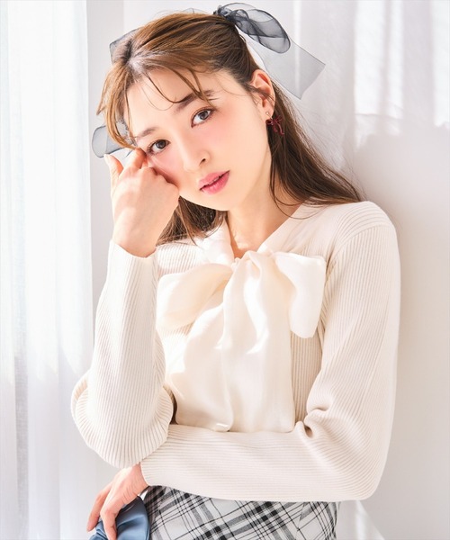 WILLSELECTION(ウィルセレクション)の「シアーリボンタイプルオーバー(ニット/セーター・レディース・ブラック/アイボリー/ピンク/ミント・FREE)」の2枚目の写真