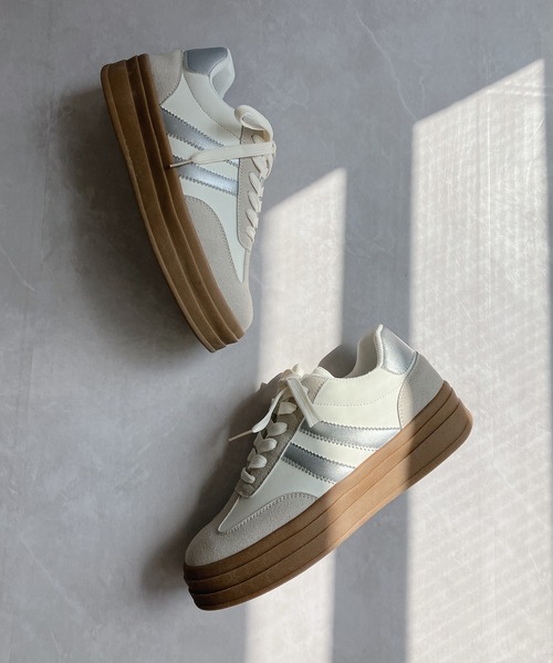 Noubel Voug Relax（ヌーベルヴォーグリラックス）の「異素材コンビ ダブルライン プラットフォームスニーカー（スニーカー・レディース・ブラック/ホワイト×シルバー・S/3L/LL/L/M）」の19枚目の写真