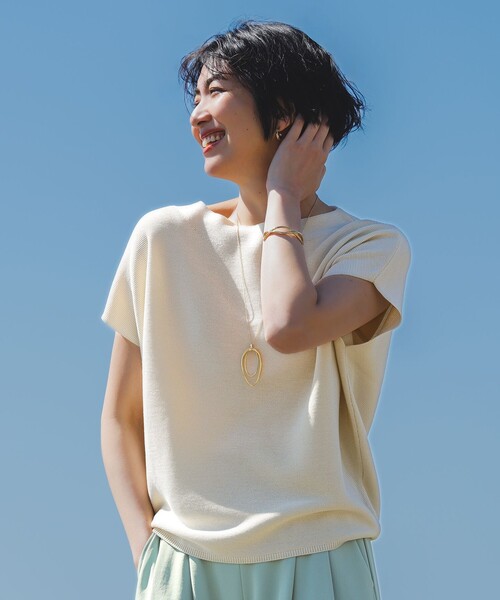 Aimeine ジャガードフレンチスリーブニット セール】 【美人百花6月号掲載】フレンチスリーブニット Tシャツ
