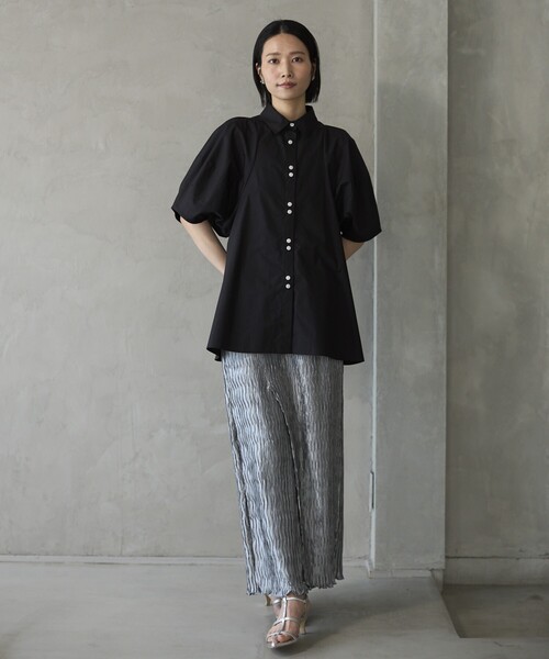 Firsthand(ファーストハンド)の「Firsthand/ファーストハンド 切替デザイン バルーンスリーブシャツ / 5分袖 ブラウス(シャツ/ブラウス・レディース・ストライプ/ホワイト/ブラック/ブラウン・FREE/フリ-)」の5枚目の写真