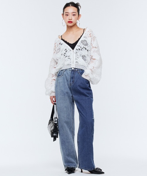 Narcissus（ナルシス）の「レースブルゾン　フラワー刺繍　シアーブルゾン　日焼け対策（ブルゾン・レディース・ホワイト/ブラック・FREE）」の3枚目の写真