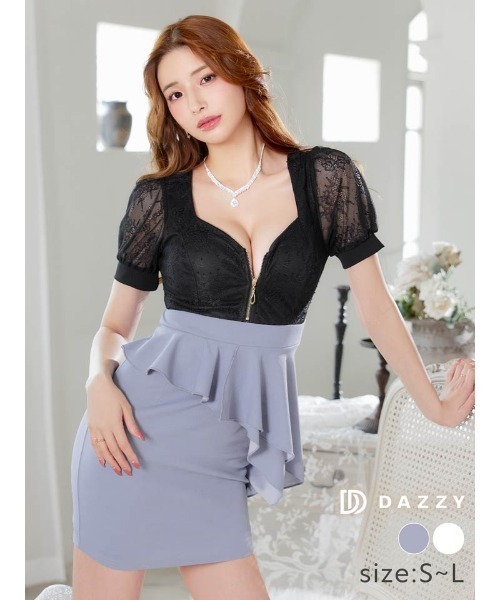 DAZZY(デイジー)の「【体型悩みをカバーしながら盛れる】フロントジップレース パフスリーブ ペプラムタイトミニドレス(ドレス・レディース・ブラック×ホワイト/ブラック×ブルー・S/L/M)」の2枚目の写真