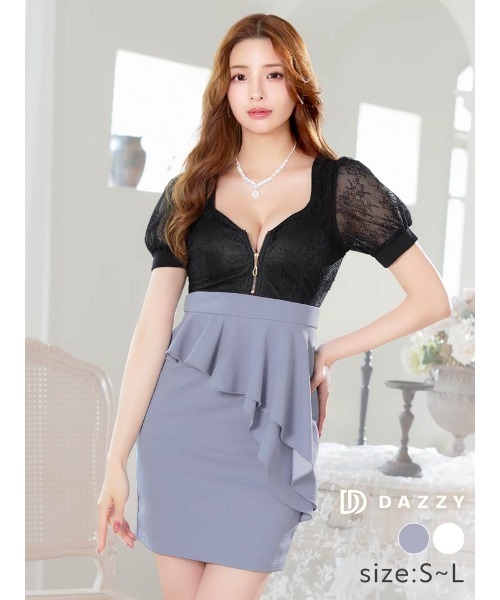 DAZZY(デイジー)の「【体型悩みをカバーしながら盛れる】フロントジップレース パフスリーブ ペプラムタイトミニドレス(ドレス・レディース・ブラック×ホワイト/ブラック×ブルー・S/L/M)」の3枚目の写真