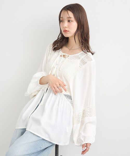 earth music&ecology（アースミュージックアンドエコロジー）の「レーヨンレースデザインシャツ（シャツ/ブラウス・レディース・ブラック/ミント/イエロー/オフホワイト・FREE）」の9枚目の写真