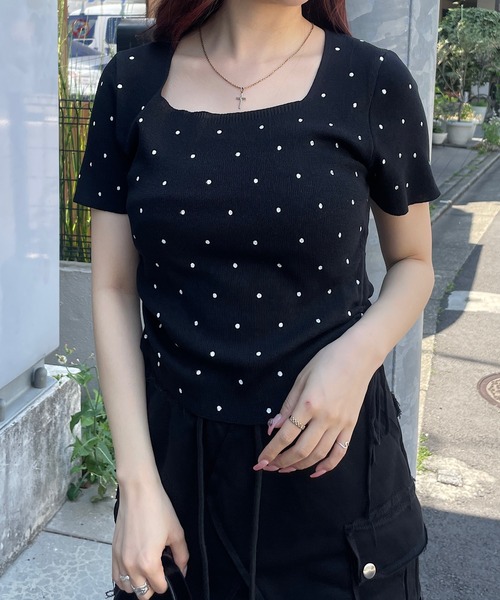 セール】ドット柄ギャザートップス（Tシャツ/カットソー