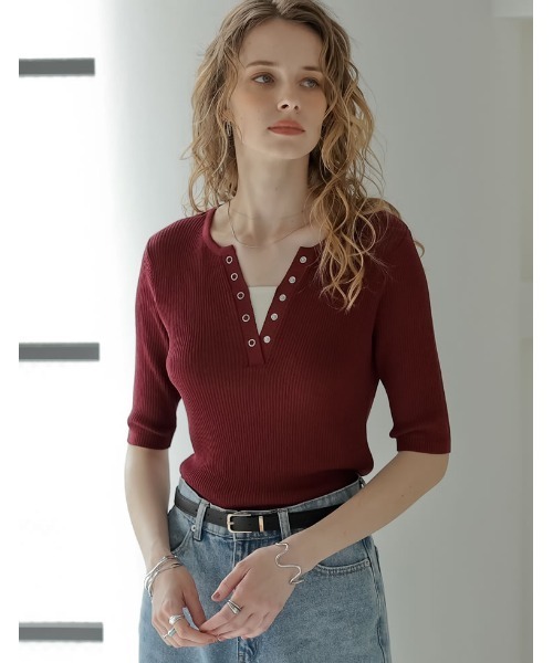 Re:EDIT（リエディ）の「[涼感]レーヨンブレンドシアーリブニットレイヤード風5分袖トップス（Tシャツ/カットソー・レディース・グレー/ブラック/ホワイト/ブラウン/ボルドー・MEDIUM/LARGE）」の11枚目の写真