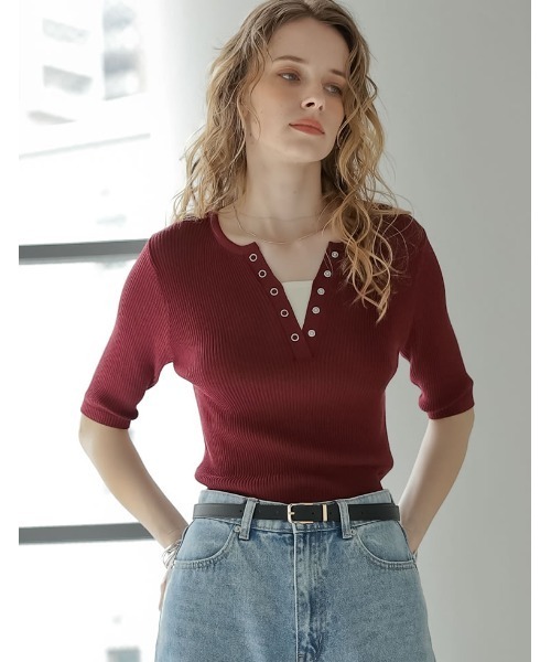 Re:EDIT（リエディ）の「[涼感]レーヨンブレンドシアーリブニットレイヤード風5分袖トップス（Tシャツ/カットソー・レディース・グレー/ブラック/ホワイト/ブラウン/ボルドー・MEDIUM/LARGE）」の21枚目の写真