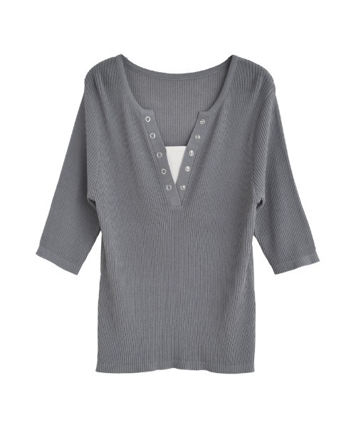 Re:EDIT（リエディ）の「[涼感]レーヨンブレンドシアーリブニットレイヤード風5分袖トップス（Tシャツ/カットソー・レディース・グレー/ブラック/ホワイト/ブラウン/ボルドー・MEDIUM/LARGE）」の7枚目の写真