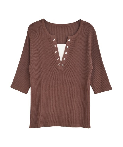 Re:EDIT（リエディ）の「[涼感]レーヨンブレンドシアーリブニットレイヤード風5分袖トップス（Tシャツ/カットソー・レディース・グレー/ブラック/ホワイト/ブラウン/ボルドー・MEDIUM/LARGE）」の8枚目の写真
