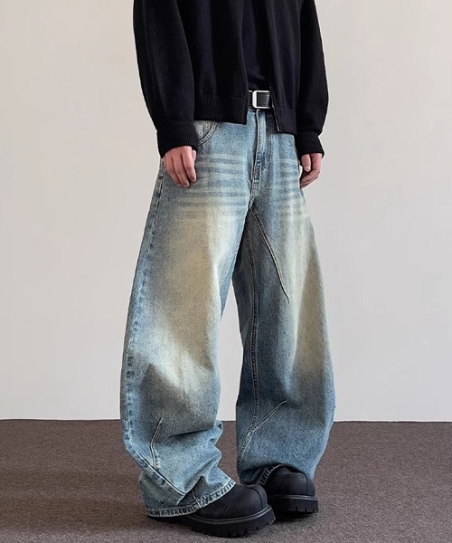 ワイドシルエットヴィンテージ加工カーブデニムパンツ（デニムパンツ