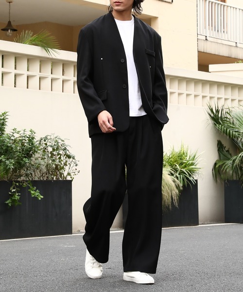 Cloudstyle】ノーカラージャケット&タックワイドスラックス スーツ