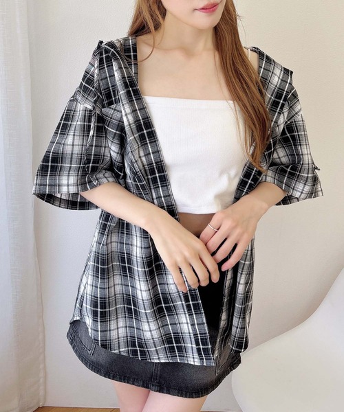 INGNI（イング）の「フードチェックBIG半袖シャツ（シャツ/ブラウス・レディース・ブラウン系その他2/ブラック系/ネイビー系2・M）」の5枚目の写真