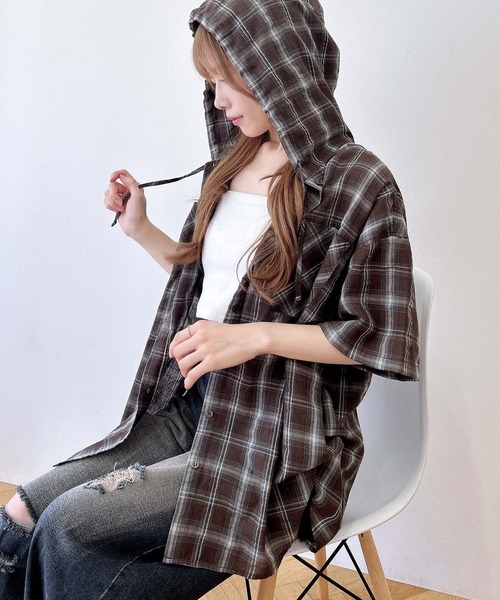 INGNI（イング）の「フードチェックBIG半袖シャツ（シャツ/ブラウス・レディース・ブラウン系その他2/ブラック系/ネイビー系2・M）」の10枚目の写真