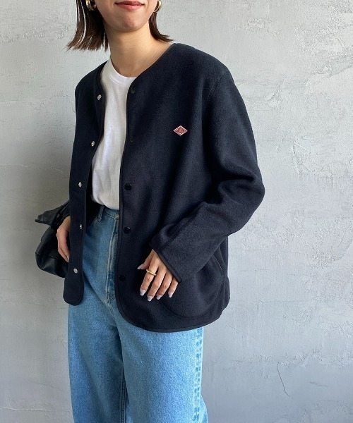 極美　DANTON ダントンフリース ノーカラーセミロングジャケット　ダークグレ 極美 DANTON ダントンフリース ノーカラーセミロングジャケット ダークグレ