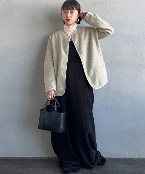 DANTON【ダントン】フリースノーカラージャケット　ロング丈　ブラック DANTON/ダントン] フリースノーカラージャケット（ノーカラー