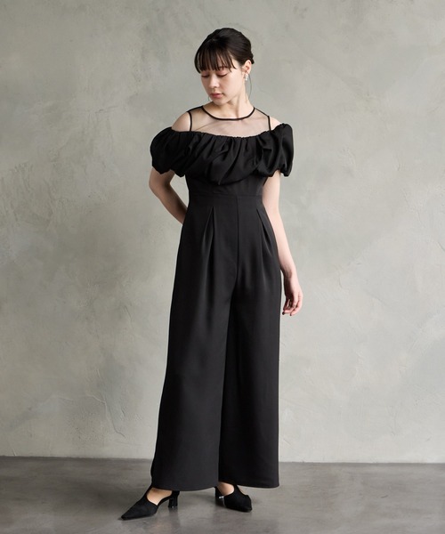 セール】【WEB限定】サテンオフショルダーオールインワンパーティー