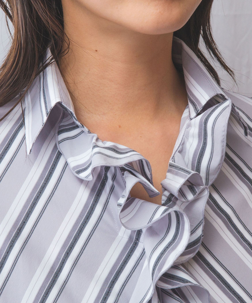 ナラカミーチェ（NARACAMICIE）/【NARACAMICIE】ストレッチランダムストライプスタンドフリル長袖ブラウス セール】【NARACAMICIE】ストレッチランダムストライプスタンドフリル