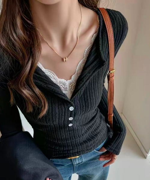 AsRiRe（アスリレイ）の「レース付きタイトニットトップス（ニット/セーター・レディース・ホワイト/オートミール/ダークグレー/ブラック・M）」の3枚目の写真