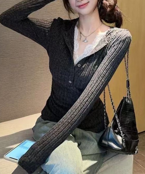 AsRiRe（アスリレイ）の「レース付きタイトニットトップス（ニット/セーター・レディース・ホワイト/オートミール/ダークグレー/ブラック・M）」の5枚目の写真