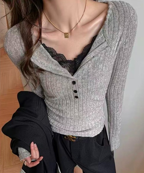 AsRiRe（アスリレイ）の「レース付きタイトニットトップス（ニット/セーター・レディース・ホワイト/オートミール/ダークグレー/ブラック・M）」の6枚目の写真