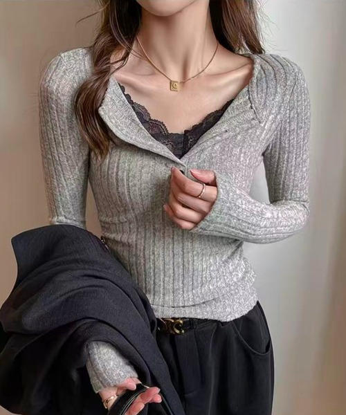 AsRiRe（アスリレイ）の「レース付きタイトニットトップス（ニット/セーター・レディース・ホワイト/オートミール/ダークグレー/ブラック・M）」の7枚目の写真