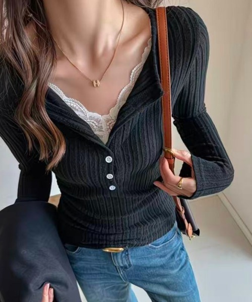 AsRiRe（アスリレイ）の「レース付きタイトニットトップス（ニット/セーター・レディース・ホワイト/オートミール/ダークグレー/ブラック・M）」の10枚目の写真