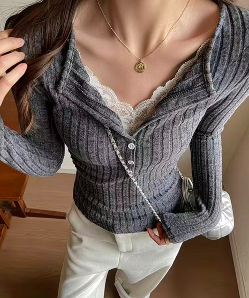 V12 レディースタイトニット【新品タグ付】 AsRiRe（アスリレイ）の「レース付きタイトニットトップス