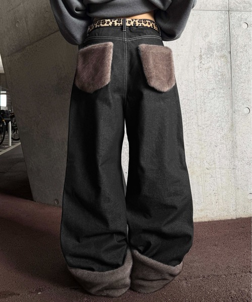 5300　5287【極美品】パンツ2点セット ワイドブラックデニム THREE FIFTY STANDARD ブリーチ加工をほどこしたブラックデニムパンツ