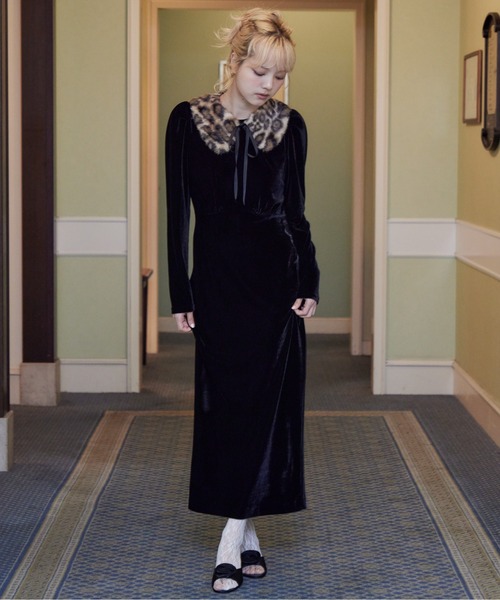 etre loin(エトルワン)の「Ribbon embroidered velour dress & tippet(ドレス・レディース・ブラック/グリーン/ピンク・M)」の14枚目の写真