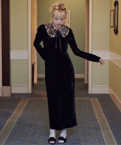 etre loin(エトルワン)の「Ribbon embroidered velour dress & tippet(ドレス・レディース・ブラック/グリーン/ピンク・M)」の8枚目の写真