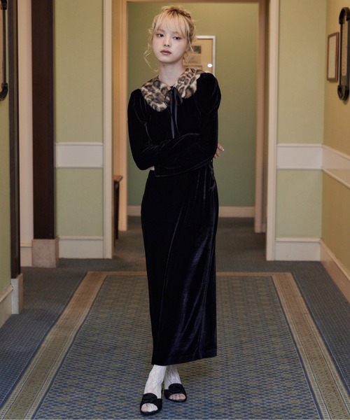 etre loin(エトルワン)の「Ribbon embroidered velour dress & tippet(ドレス・レディース・ブラック/グリーン/ピンク・M)」の13枚目の写真