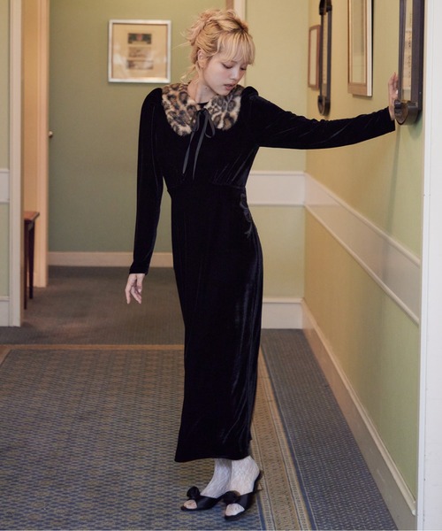 etre loin(エトルワン)の「Ribbon embroidered velour dress & tippet(ドレス・レディース・ブラック/グリーン/ピンク・M)」の10枚目の写真
