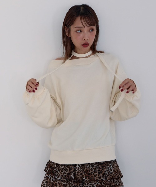 archives(アルシーヴ)の「チョーカー付クロスオフショルスウェット(スウェット・レディース・グレー/アイボリー/ブラック・MEDIUM)」の6枚目の写真